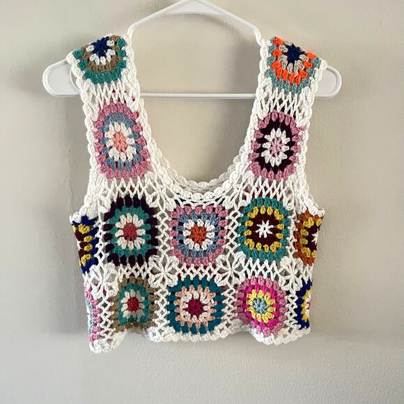 SHEIN Tops - Boho Crochet Crop Camisole Overlay Top Womens Medium Multicolor Festival Chic